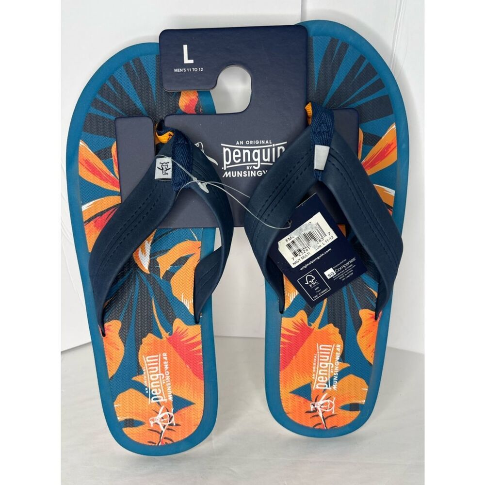 New Original Penguin Navy & Orange Tropical Floral Men's Flip Flops Various Sz